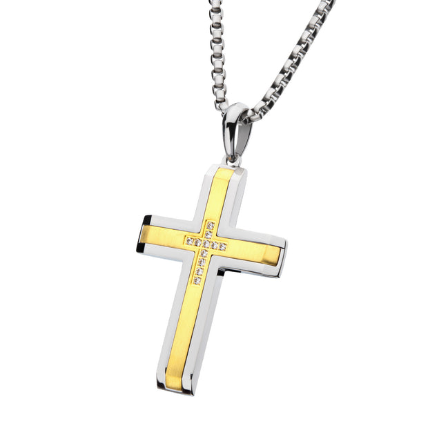 18Kt Gold IP Steel Lab-Grown Diamond Brushed Finish Cross Pendant