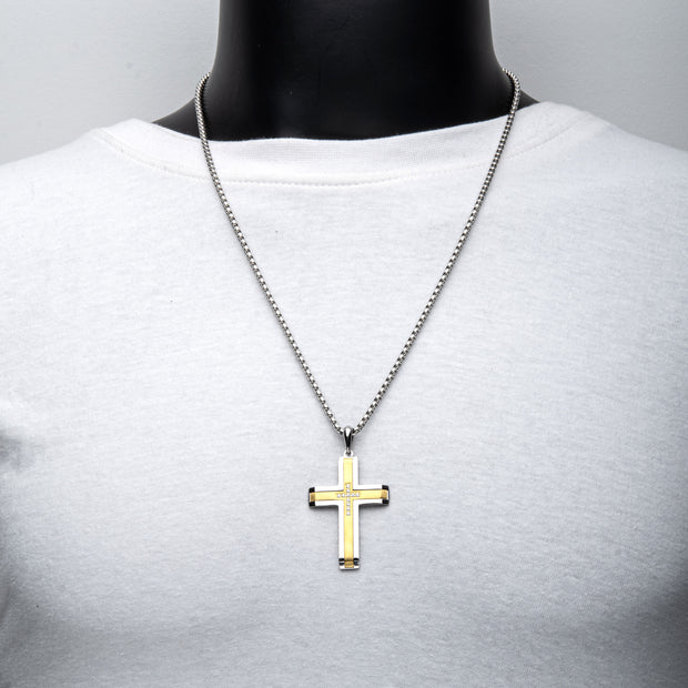 18Kt Gold IP Steel Lab-Grown Diamond Brushed Finish Cross Pendant