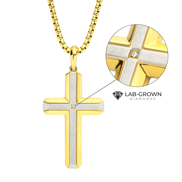 18Kt Gold IP Steel Lab-Grown Diamond Brushed Finish Cross Pendant