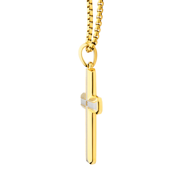 18Kt Gold IP Steel Lab-Grown Diamond Brushed Finish Cross Pendant