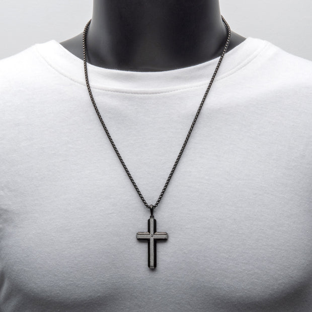 Black IP Steel Lab-Grown Diamond Brushed Finish Cross Pendant