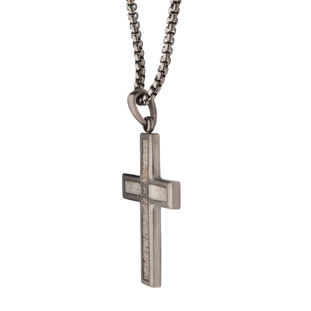 Gun Metal IP Steel Matte Finish Deer Antler Inlay with Lab-Grown Diamond Cross Pendant