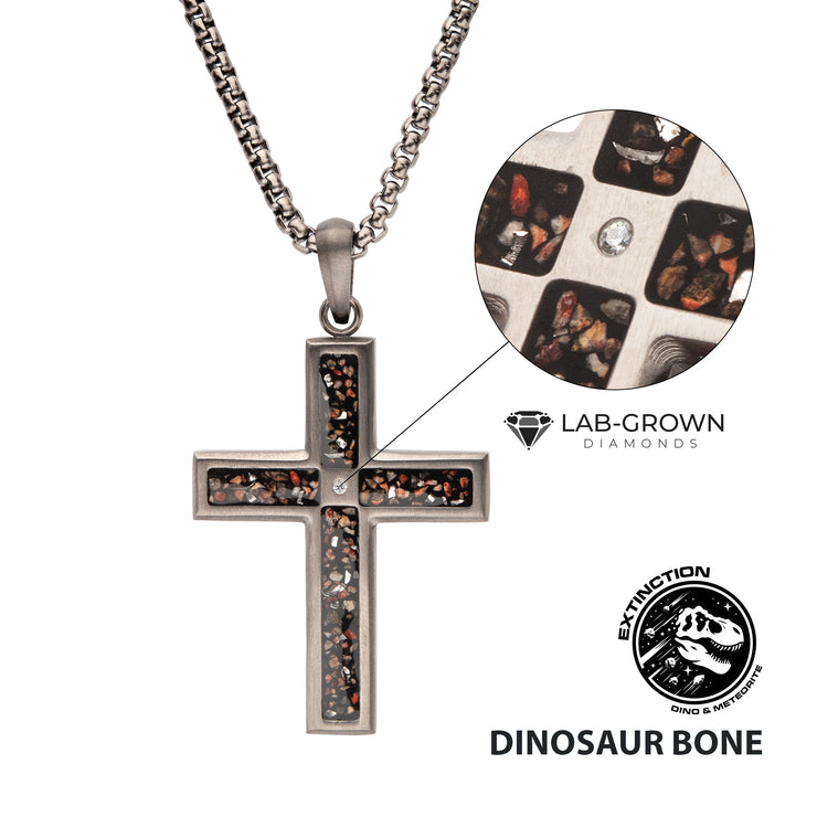 Gun Metal IP Steel Matte Finish Black Dinosaur Bone Inlay with Lab-Grown Diamond Cross Pendant