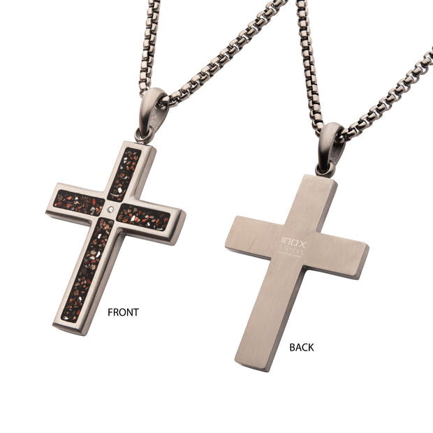 Gun Metal IP Steel Matte Finish Black Dinosaur Bone Inlay with Lab-Grown Diamond Cross Pendant