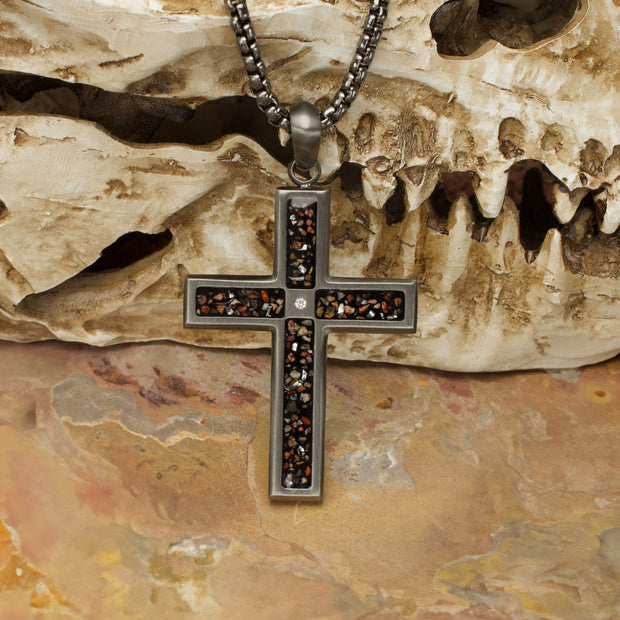 Gun Metal IP Steel Matte Finish Black Dinosaur Bone Inlay with Lab-Grown Diamond Cross Pendant