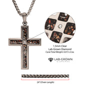 Gun Metal IP Steel Matte Finish Black Dinosaur Bone Inlay with Lab-Grown Diamond Cross Pendant