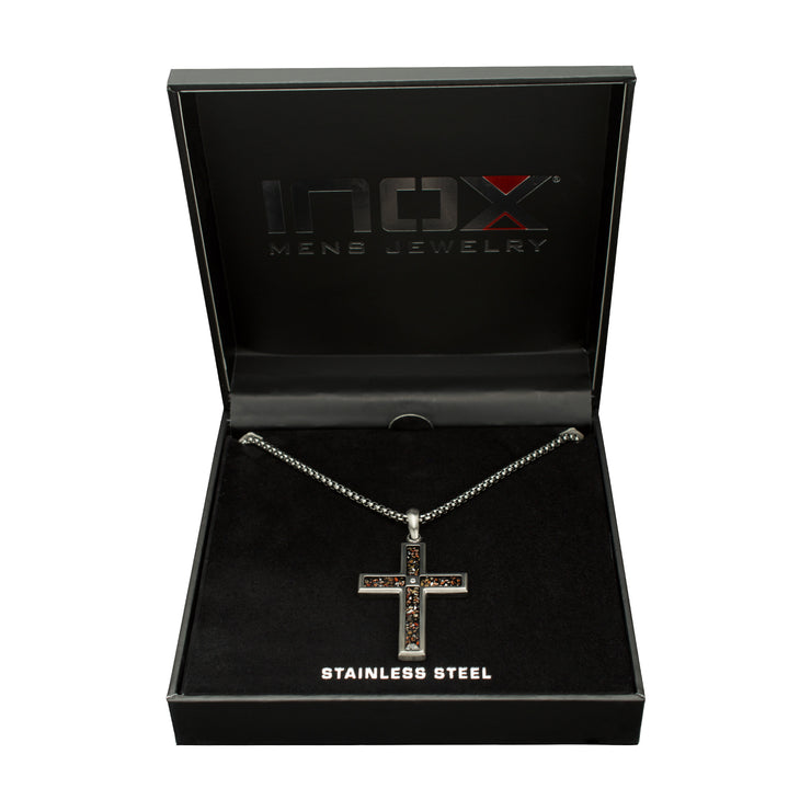 Gun Metal IP Steel Matte Finish Black Dinosaur Bone Inlay with Lab-Grown Diamond Cross Pendant