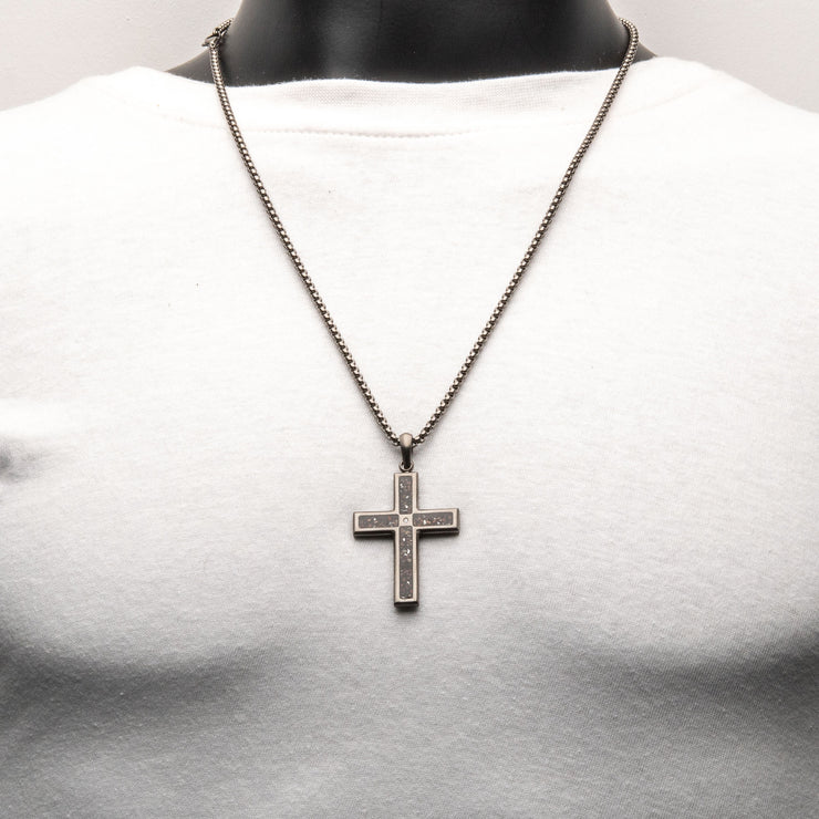 Gun Metal IP Steel Matte Finish Black Dinosaur Bone Inlay with Lab-Grown Diamond Cross Pendant