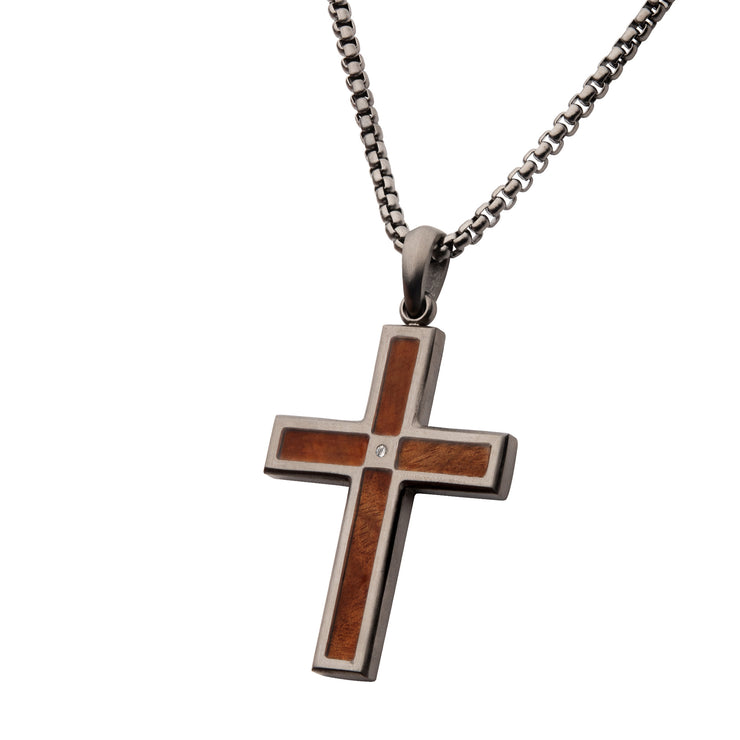 Gun Metal IP Steel Matte Finish Whiskey Barrel Wood Inlay with Lab-Grown Diamond Cross Pendant