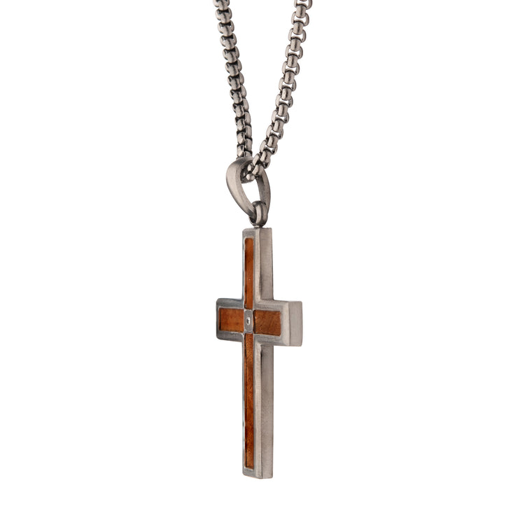 Gun Metal IP Steel Matte Finish Whiskey Barrel Wood Inlay with Lab-Grown Diamond Cross Pendant