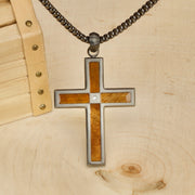 Gun Metal IP Steel Matte Finish Whiskey Barrel Wood Inlay with Lab-Grown Diamond Cross Pendant