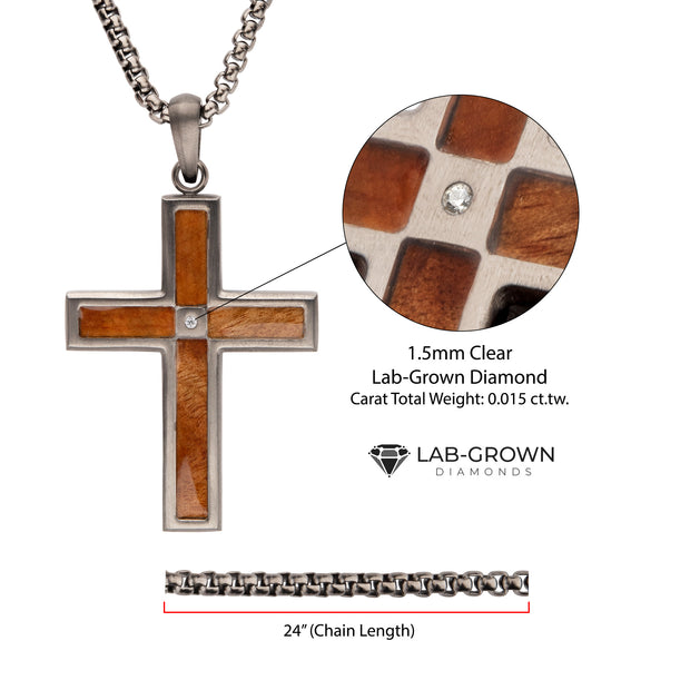 Gun Metal IP Steel Matte Finish Whiskey Barrel Wood Inlay with Lab-Grown Diamond Cross Pendant