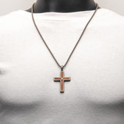 Gun Metal IP Steel Matte Finish Whiskey Barrel Wood Inlay with Lab-Grown Diamond Cross Pendant