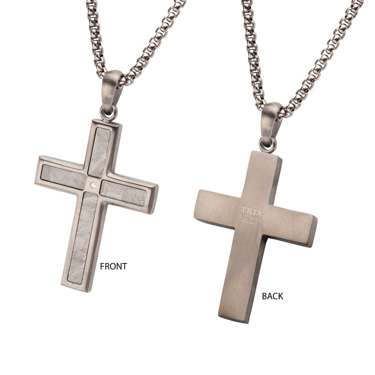 Gun Metal IP Steel Matte Finish Meteorite Inlay with Lab-Grown Diamond Cross Pendant