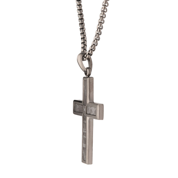 Gun Metal IP Steel Matte Finish Meteorite Inlay with Lab-Grown Diamond Cross Pendant