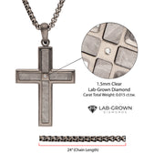 Gun Metal IP Steel Matte Finish Meteorite Inlay with Lab-Grown Diamond Cross Pendant