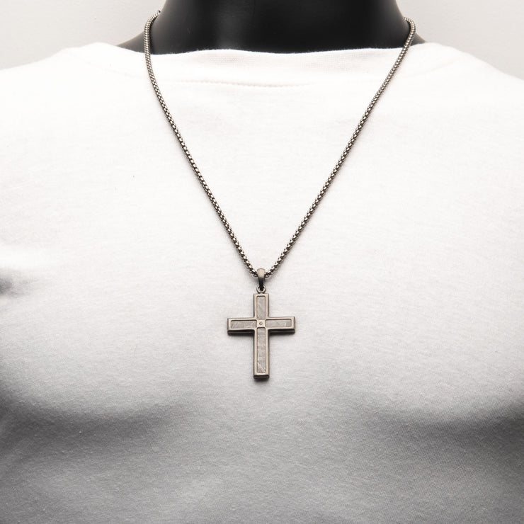 Gun Metal IP Steel Matte Finish Meteorite Inlay with Lab-Grown Diamond Cross Pendant