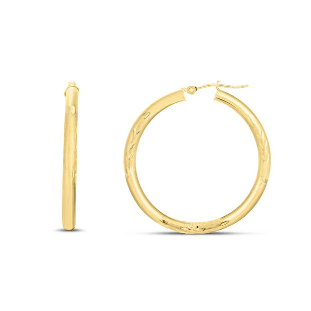 14K Yellow Gold 3mm Diamond Cut & Polished Design Hoop Earring