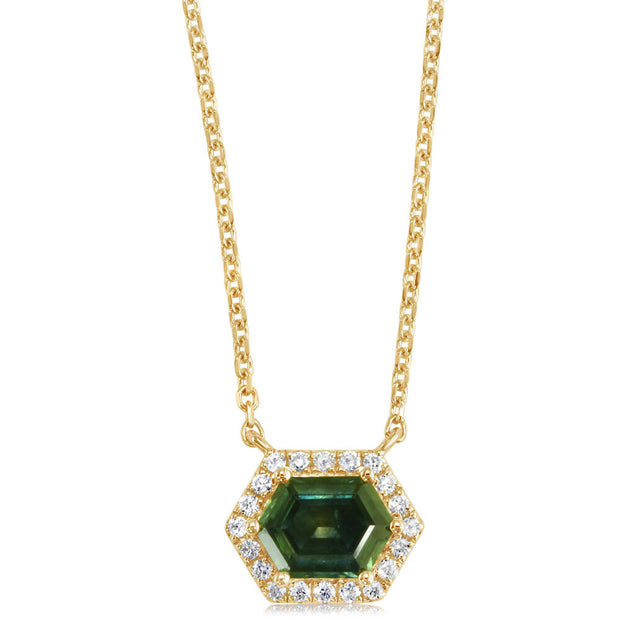 14K Yellow Gold Elongated Hexagon Cut Montana Sapphire/Diamond Neckpiece