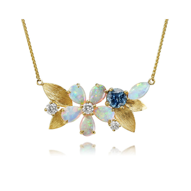 14K Yellow Gold Australian Opal/ Montana Sapphire/Diamond Flower Neckpiece