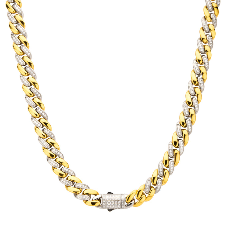 18Kt Gold IP Stainless Steel Two-Tone Miami Cuban Chain Necklace, Steel Links with CNC Precision Set Cubic Zirconia