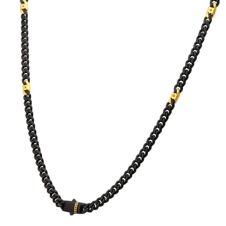 6mm Black IP Steel Matte Finish Miami Cuban Chain Necklace with Genuine Black Sapphire Gem