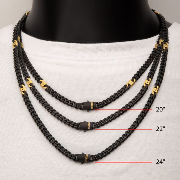 6mm Black IP Steel Matte Finish Miami Cuban Chain Necklace with Genuine Black Sapphire Gem