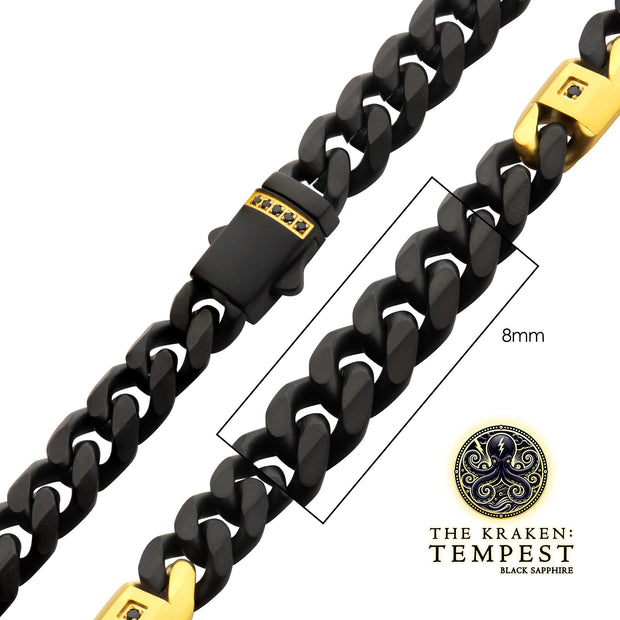 8mm Black IP Steel Matte Finish Miami Cuban Chain Necklace with Genuine Black Sapphire Gem