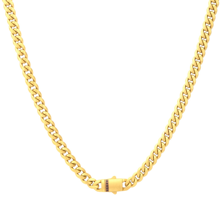 6mm 18Kt Gold IP Steel Matte Finish Miami Cuban Chain Necklace Genuine Black Sapphire