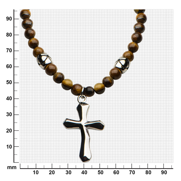 Tiger Eye Beads with Steel Cross Pendant Necklace