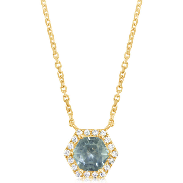14K Yellow Gold 5mm Hexagon Montana Sapphire/Diamond Neckpiece