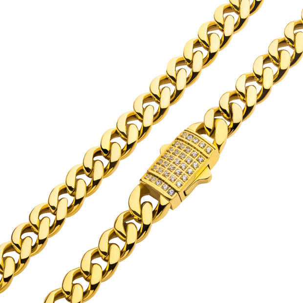 6mm 18Kt Gold IP Miami Cuban Chain Necklace with CNC Precision Set CZ Double Tab Box Clasp