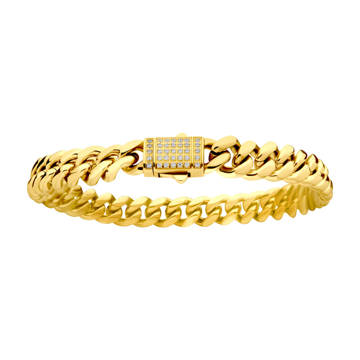 8mm 18Kt Gold IP Miami Cuban Chain Bracelet with CNC Precision Set CZ Double Tab Box Clasp