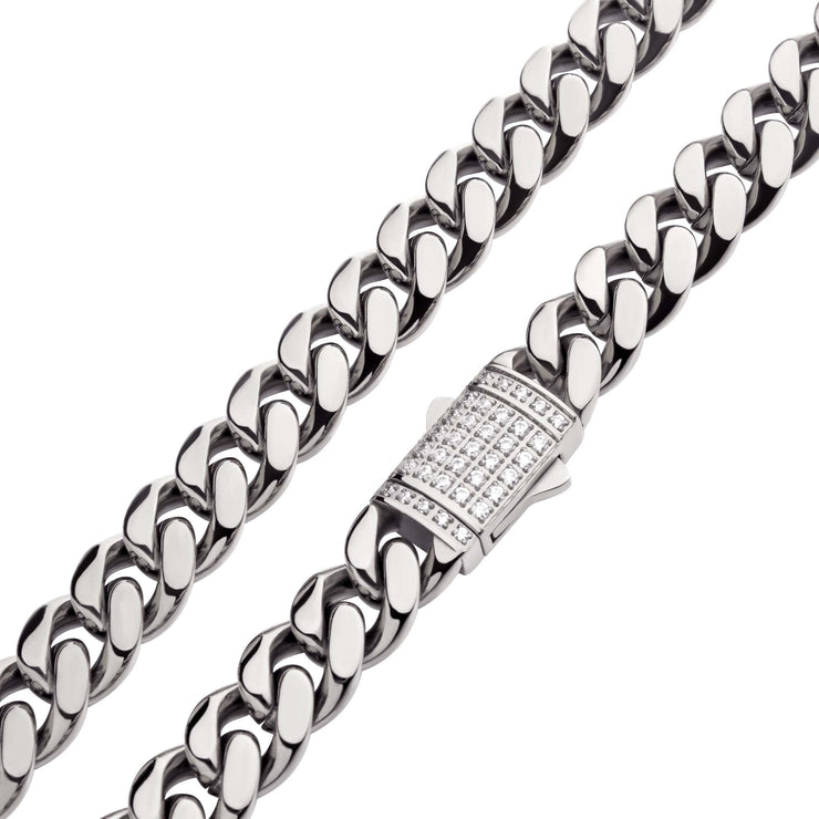 10mm Steel Miami Cuban Chain Necklace with CNC Precision Set CZ Double Tab Box Clasp