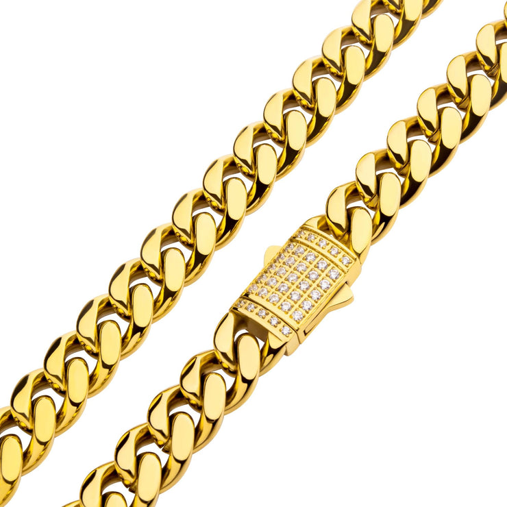 10mm 18Kt Gold IP Miami Cuban Chain Necklace with CNC Precision Set CZ Double Tab Box Clasp