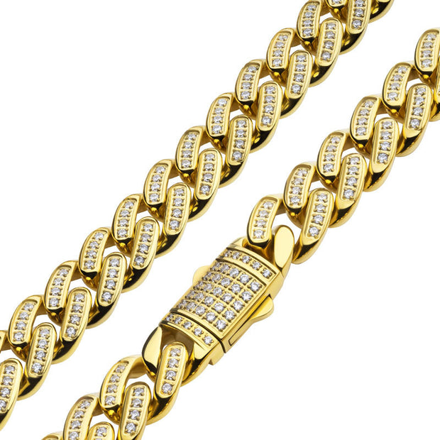 12mm 18Kt Gold IP Miami Cuban Chain Necklace with CNC Precision Set Full Clear Cubic Zirconia Double Tab Box Clasp