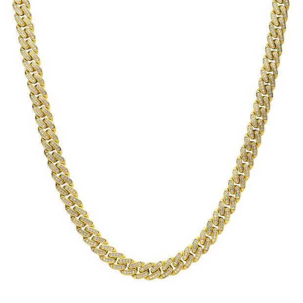 12mm 18Kt Gold IP Miami Cuban Chain Necklace with CNC Precision Set Full Clear Cubic Zirconia Double Tab Box Clasp