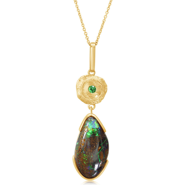 14K Yellow Gold Half Bezel Australian Boulder Opal/Tsavorite Pendant