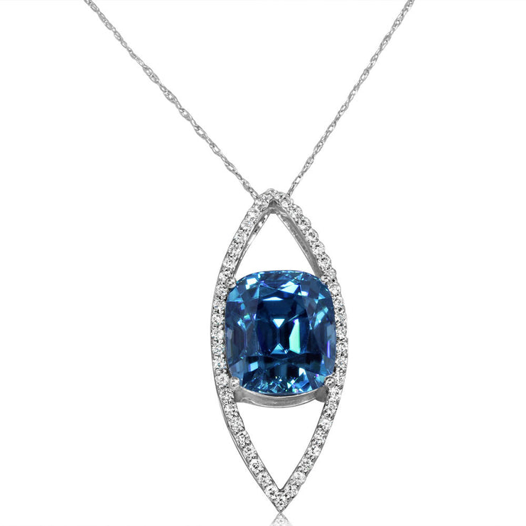 14K White Gold Blue Zircon/Diamond Pendant