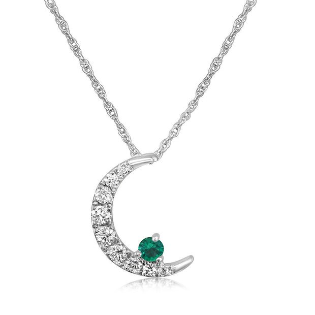 14K White Gold Emerald/Diamond Moon Pendant