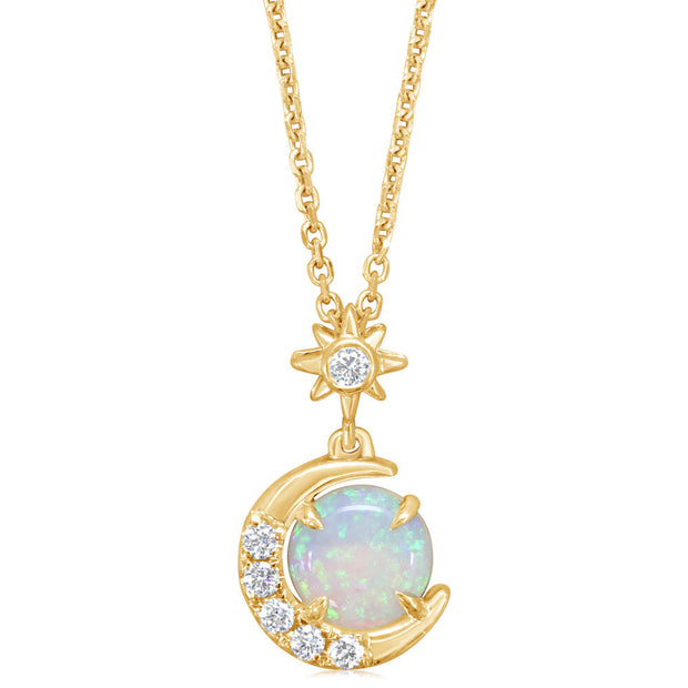 14K Yellow Gold Australian Opal/Diamond Moon Pendant