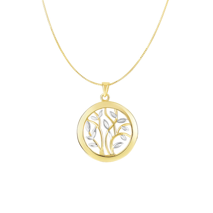 14K Two-tone Gold Tree of Life Polished Circle Necklace