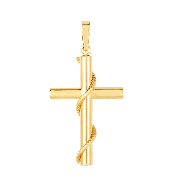 14K Gold Tube Cross with Rope Detail