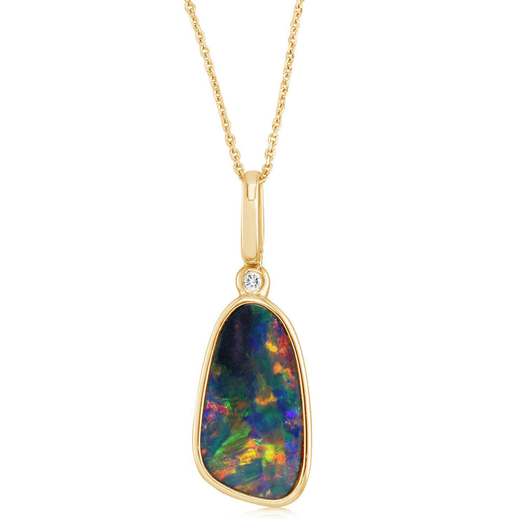 14K Yellow Gold Australian Opal Doublet/Diamond Pendant with Paperclip Bail