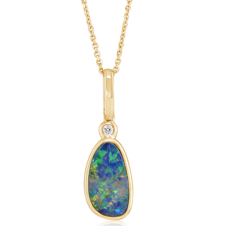 14K Yellow Gold Australian Opal Doublet/Diamond Pendant with Paperclip Bail