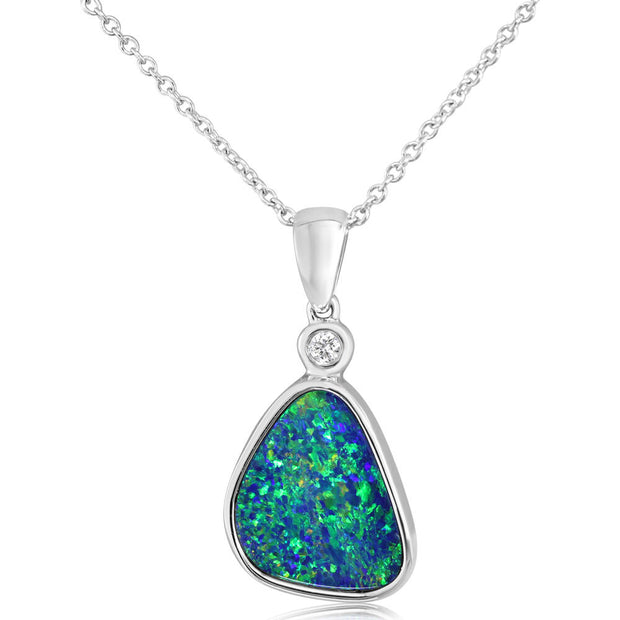 14K White Gold Australian Opal Doublet/Diamond Pendant