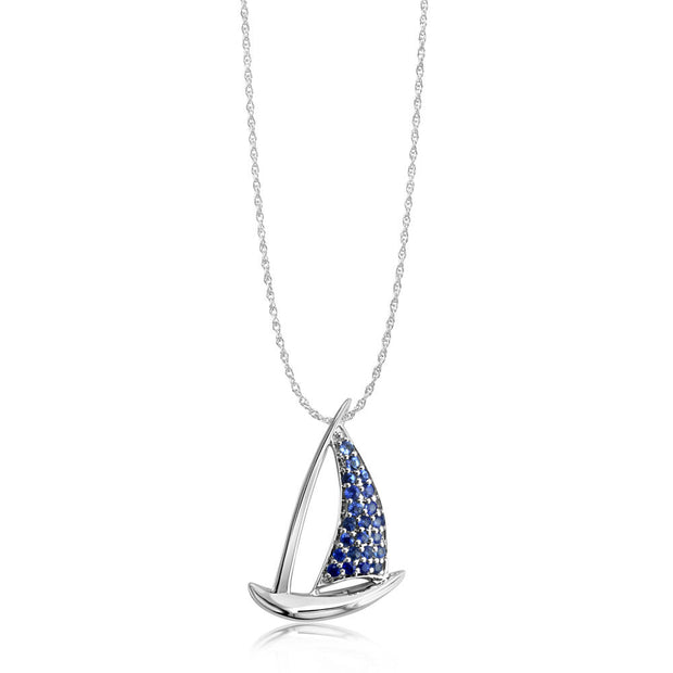 14K White Gold Graduated Blue Sapphire Sailboat Pendant