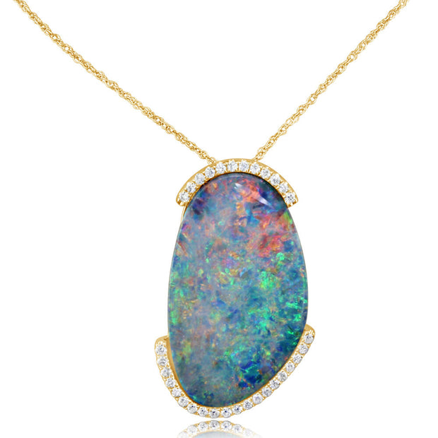 14K Yellow Gold Australian Opal Doublet/Diamond Pendant