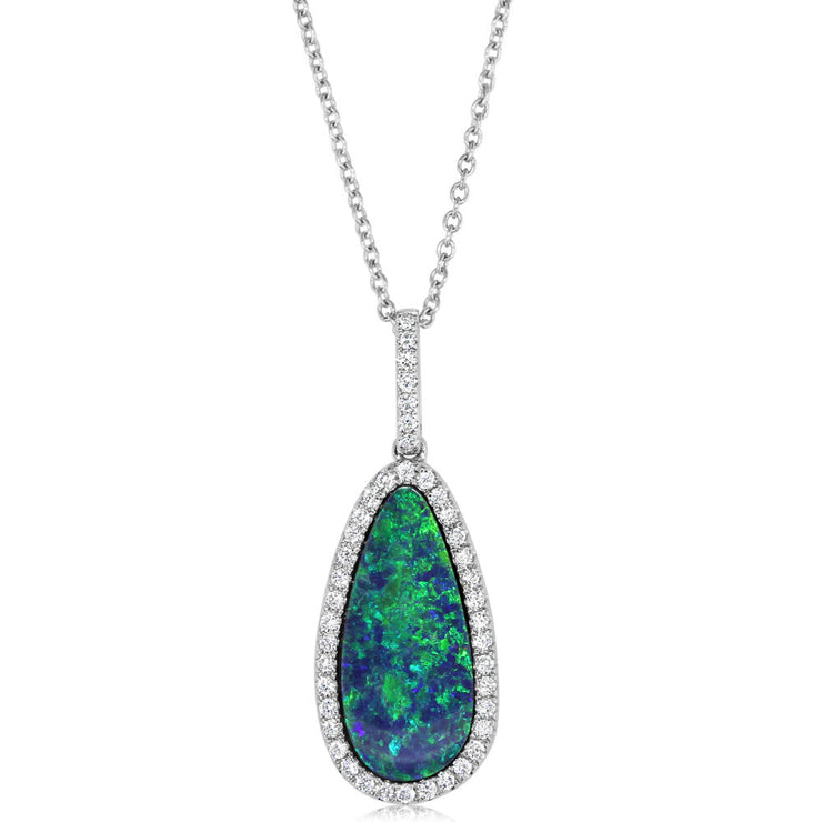 14K White Gold Australian Opal Doublet/Diamond Pendant