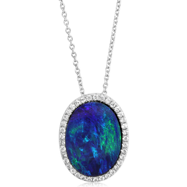 14K White Gold Australian Opal Doublet/Diamond Pendant